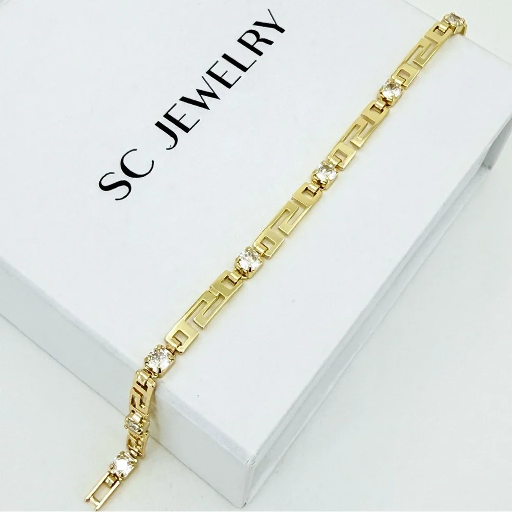 14k Gold Plated Greek Key Meander Bracelet with Cubic Zirconia Stones